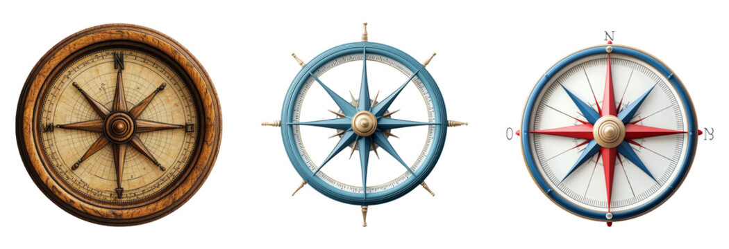 Three distinct compass designs isolated on a transparent background