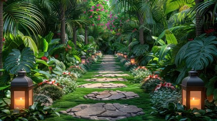Lush Green Garden Pathway with Lantern and Tropical Plants on White Background