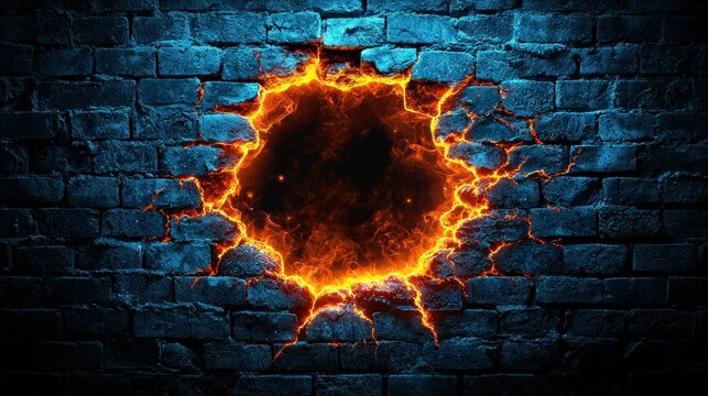 Fiery hole in blue brick wall, dark background, design element