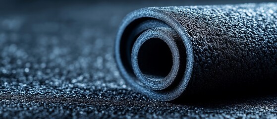 Rolled black textured mat on dark specked surface for exercise or insulation