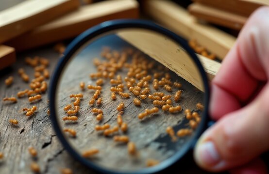 Closeup view of termite workers on wooden surface. Magnifying glass highlights tiny termites in nest. Termites moving on weathered timber. Detailed macro photo of insects. Focused view of termite
