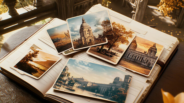 Vintage travel postcards nestled in a leatherbound journal evoke nostalgia and wanderlust.