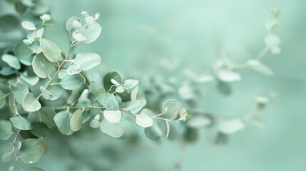 Delicate Green Leaves on a Soft Mint Background, Capturing the Essence of Nature's Serenity in a Tranquil and Ethereal Atmosphere Perfect for Wellness Themes