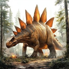 Fototapeta premium Stegosaurus in prehistoric forest, fire in background, ancient landscape, educational use