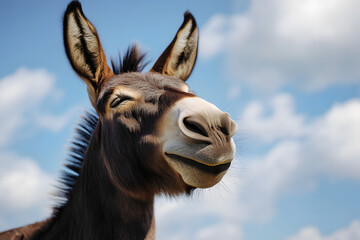close up of a head of a smiling donkey