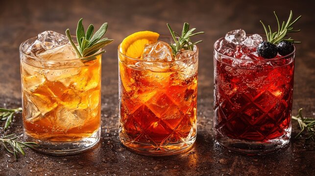 Colorful cocktails served in elegant glasses on a rustic wooden table with fresh herbs