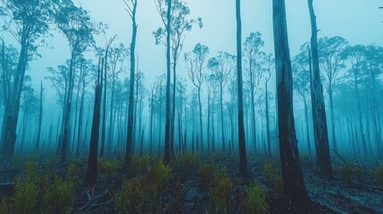 Foggy forest, post-fire regeneration, Australia