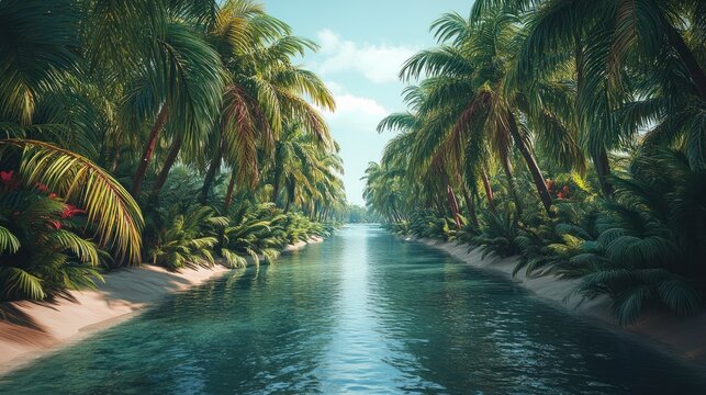 Ecommerce shopping basket adventure tropical river nature scene lush environment serene viewpoint