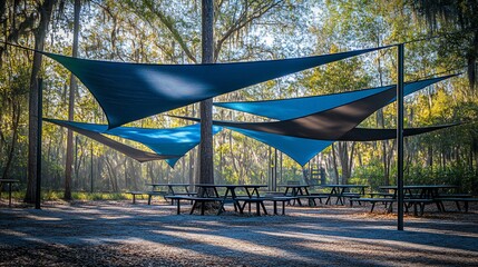 Shade sails over picnic tables in wooded park