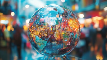 Ecommerce shopping basket visualized in a global marketplace setting urban environment vibrant colors abstract view