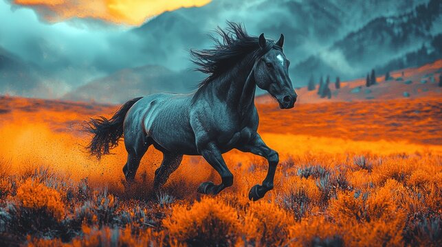 Majestic black horse galloping through vibrant orange field at sunset in mountainous landscape