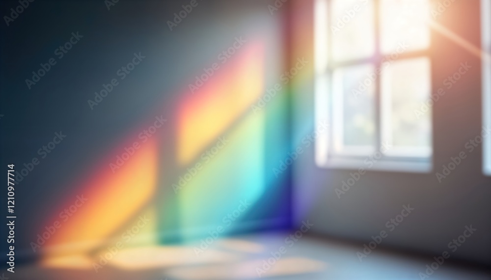 Poster colorful light streams through window casting rainbow effect on wall. abstract minimal design with b