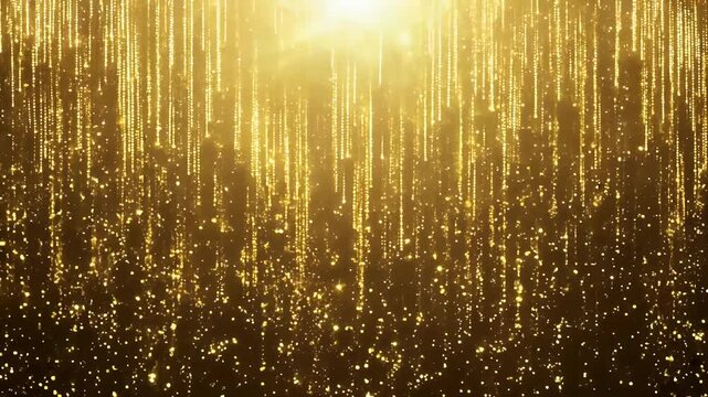 magical scene of cascading golden glitter particles resembling a delicate shimmering rainfall captured in an endless seamless video loop for luxurious visual effects