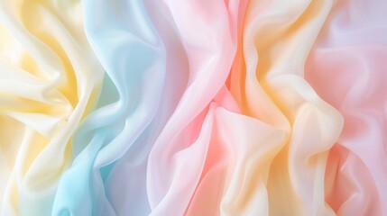 Fototapeta premium Soft and Ethereal Pastel Fabric Drapery with Gentle Waves in Light Shades of Blue, Yellow, Pink, and White for Elegant and Romantic Background Displays