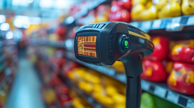 Scanning items for ecommerce shopping basket in retail aisle close-up view technology environment - Powered by Adobe
