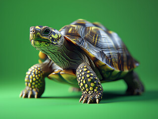 Fototapeta premium A Yellow Footed Tortoise Walks on Green Background