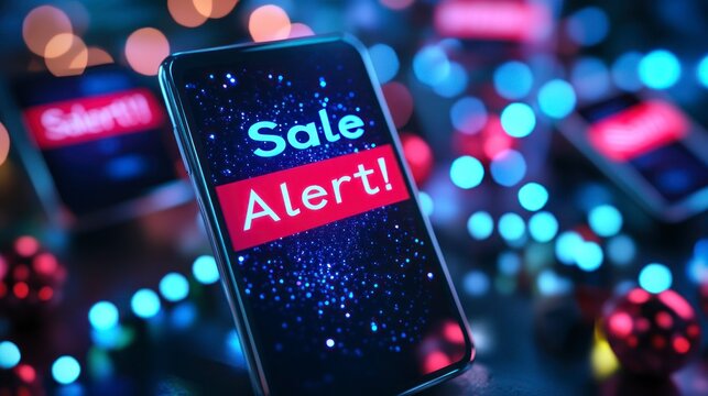 Ecommerce shopping basket sale alert on smartphones digital marketing event nighttime environment eye-catching viewpoint