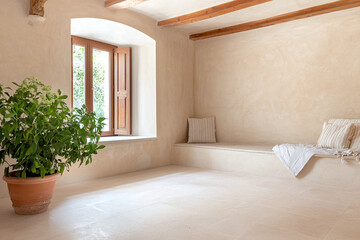 Fototapeta premium serene interior of historic Italian monastery room featuring minimalist decor, natural light streaming through wooden windows, and potted plant adding touch of greenery