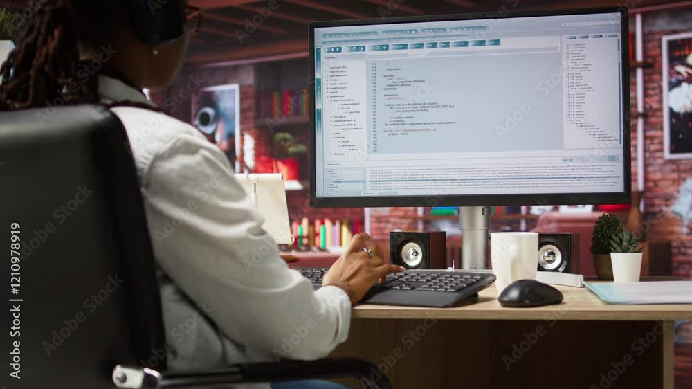 Aufkleber programmer wearing headphones types code into pc, developing software programs, entering commands. w