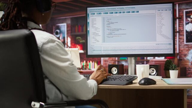Programmer wearing headphones types code into PC, developing software programs, entering commands. Woman at home fixing errors in application, implementing new features, listening music, camera A