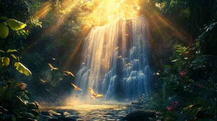 Serene waterfall scene enveloping nature's beauty inspiring ecommerce shopping basket designs lush green forest tranquil view