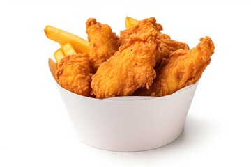 Isolated fried chicken in a paper bucket on white background with clipping path