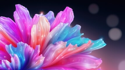 Obraz premium Vibrant abstract flower with glowing pink and blue petals shines against a dark bokeh background.