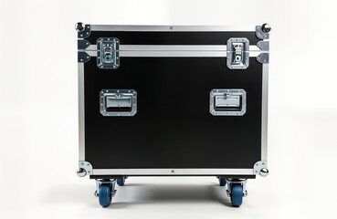 Black strong musical equipment case with metal details stands on wheels. Pro case for transport. Durable, protected equipment. Concert tour use. Studio road background. Safe, sturdy. Music equipment