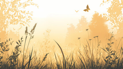 Serene misty morning meadow with tall grasses and wildflowers silhouetted against a soft golden light. perfect for peaceful, calm, and nature-themed designs. Golden Meadow. Illustration