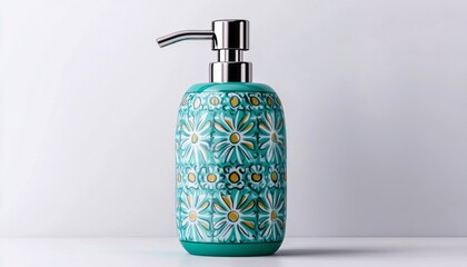 Decorative soap dispenser features a floral pattern in vibrant colors on a solid surface