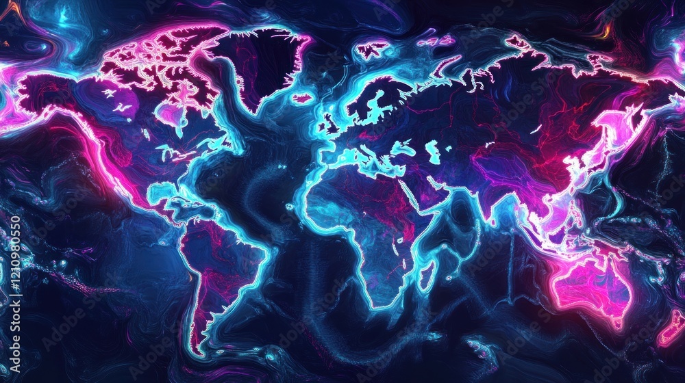 Wall mural neon world map on abstract background.