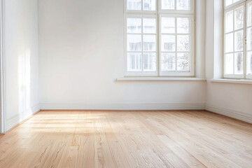 Obraz premium bright, minimalist living space featuring large windows that allow natural light to fill room, highlighting wooden floor and simple design