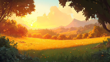 Warm sunlight casts a golden glow over a lush green meadow at sunset highlighting its natural beauty, nature, sunny, peaceful. Golden Meadow. Illustration