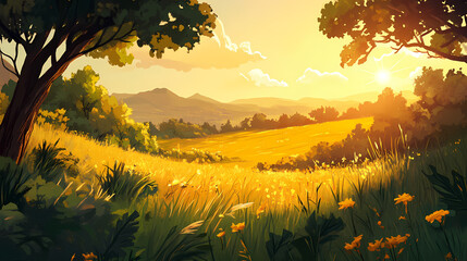 Warm sunlight casts a golden glow over a lush green meadow at sunset highlighting its natural beauty, nature, sunny, peaceful. Golden Meadow. Illustration