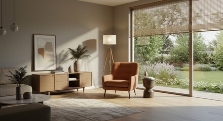 Minimalist, japandi interior design of modern living room with accent armchair	