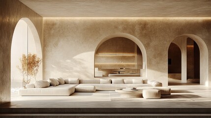 Fototapeta premium Modern minimalist living room with soft lighting, cozy seating, and elegant arches, showcasing tranquility