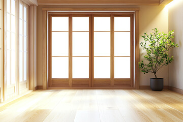 Fototapeta premium bright, minimalist interior featuring wooden sliding doors, natural light, and potted plant, creating serene atmosphere