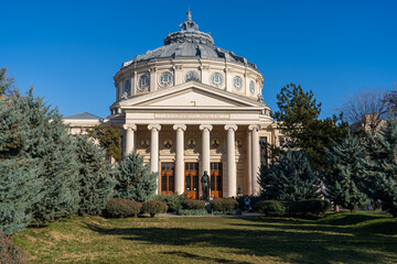 Bucharest, Romania - January 18, 2025: View of the Romanian Athenaeum building. Historical building.