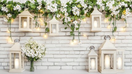 Naklejka premium White brick wall backdrop, floral garland, lanterns, lights, spring wedding decor