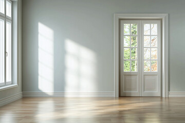 Obraz premium bright, minimalist room featuring large window and double door, with soft light casting shadows on wooden floor, creating serene atmosphere
