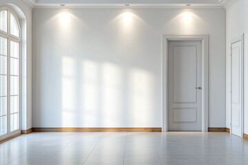 Fototapeta premium bright, minimalist interior room with soft light, featuring white walls, wooden trim, and elegant doors. space is perfect for various design styles