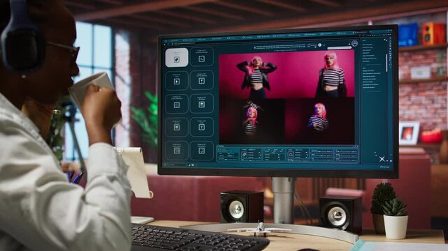 Graphic designer designing UX for AI software turning text prompt into photos. IT specialist drinking coffee using machine learning tech to build text to image AI generative models, camera A