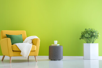 cozy living room featuring bright yellow armchair, green accent pillow, and vibrant green wall. space is enhanced by stylish plant and small side table with cup