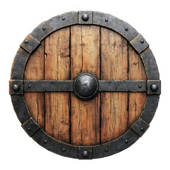 Fototapeta premium Wooden Round Shield with Metal Details on Transparent Background
