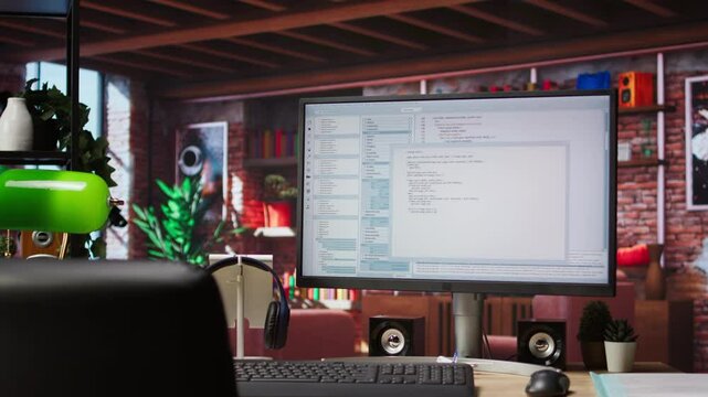 Programming code on PC display used for developing software programs. Binary script on computer at home used for fixing errors in applications and implementing new features, jib up shot