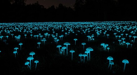 Obraz premium A meadow filled with luminous mushrooms glowing softly in the dark