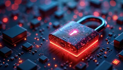Digital padlock rests on circuit board. Colorful lighting illuminates tech object. Cybersecurity, protection, data privacy concepts highlighted. Futuristic, advanced tech design modern system,