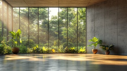Modern interior space with large windows showcasing lush greenery and sunlight streaming in