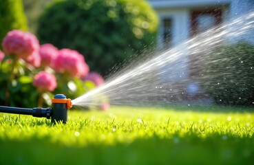 Automatic smart irrigation system waters lawn in sunny summer garden. Close-up shows water spraying on vibrant green grass. Pink flowers in background add visual appeal. Modern tech for efficient