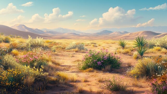 Sunny desert landscape with blooming wildflowers and sand dunes under a vibrant sky.